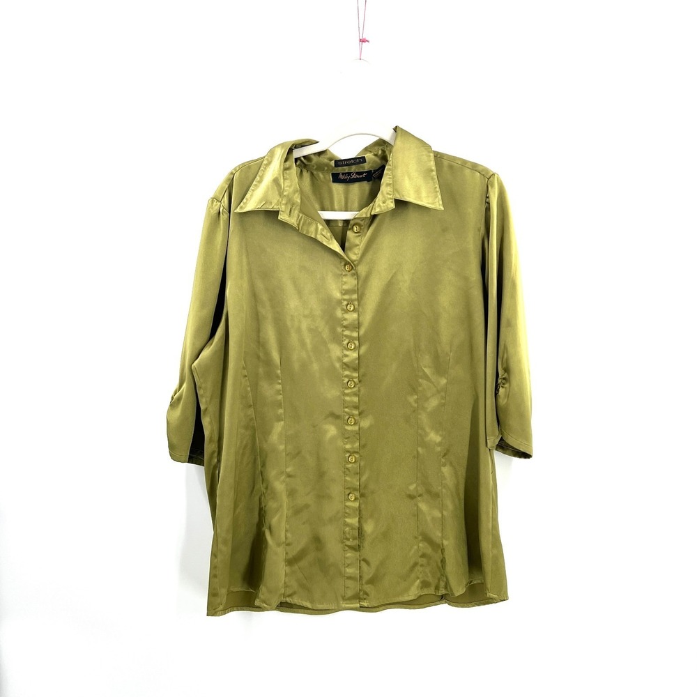 Ashley Stewart y2k vintage silk blend Green‎ Button up shirt chartreuse 16